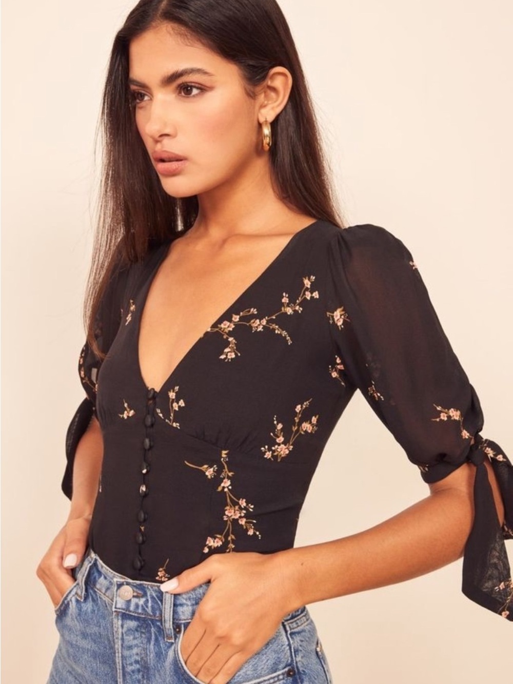 Reformation Black Floral Blouse Size 8 V-Neck Puff Sleeve Ties